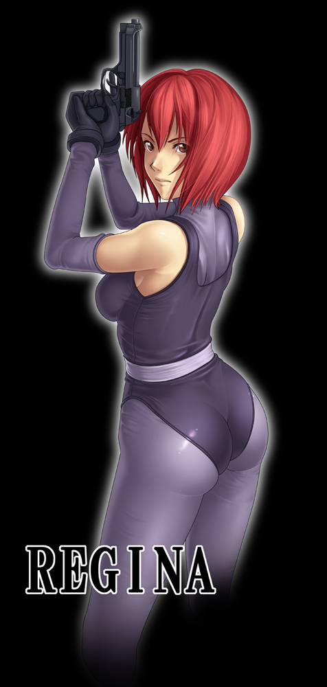1girl ass ass_focus beretta_92 black_background black_gloves black_leotard bodysuit butt_crack capcom character_name deep_rising dino_crisis elbow_gloves from_behind gloves grey_bodysuit gun handgun holding holding_gun holding_pistol holding_weapon leotard looking_at_viewer looking_to_the_side military pistol red_hair regina_(dino_crisis) simple_background solo thor_(deep_rising) tight_clothes weapon