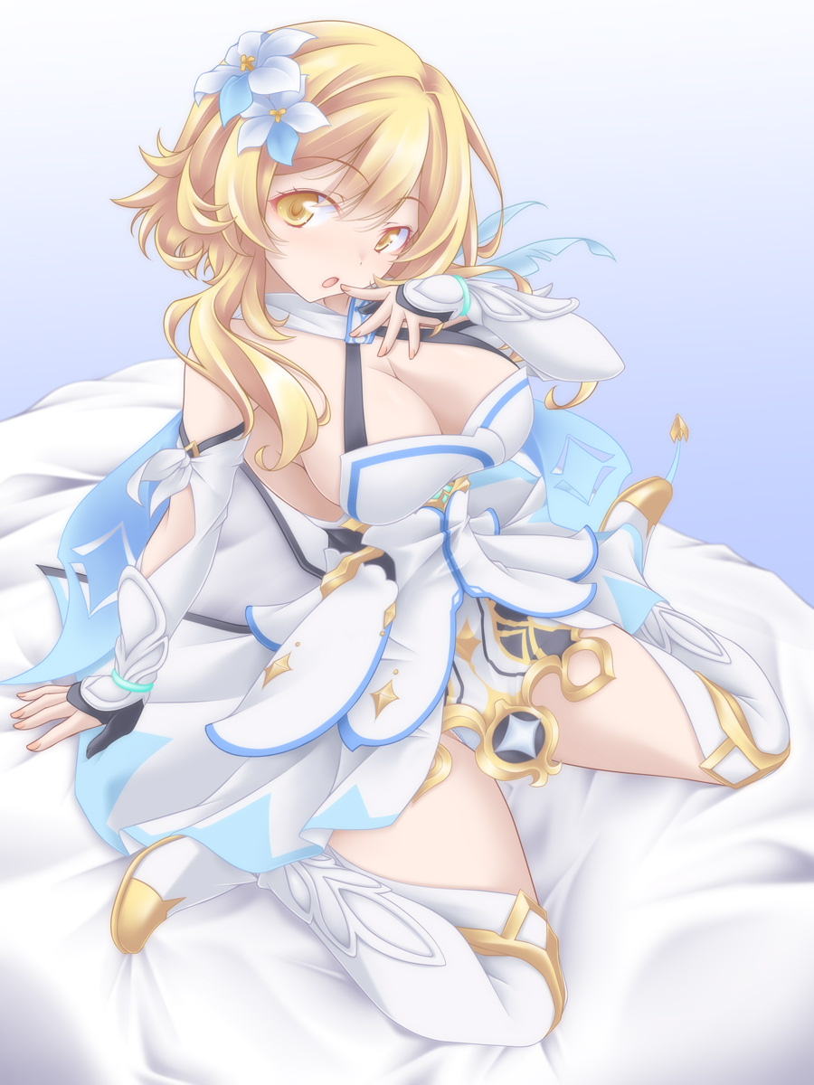1girl arm_support bed boots breasts cleavage criss-cross_halter detached_sleeves dress flower genshin_impact hair_flower hair_ornament halterneck hand_to_own_mouth head_tilt highres kikuchi_tsutomu large_breasts leaning_back looking_at_viewer lumine_(genshin_impact) medium_hair on_bed open_mouth panties pantyshot short_dress sitting sleeveless sleeveless_dress solo thigh_boots underwear wariza white_boots white_dress white_panties white_sleeves yellow_eyes