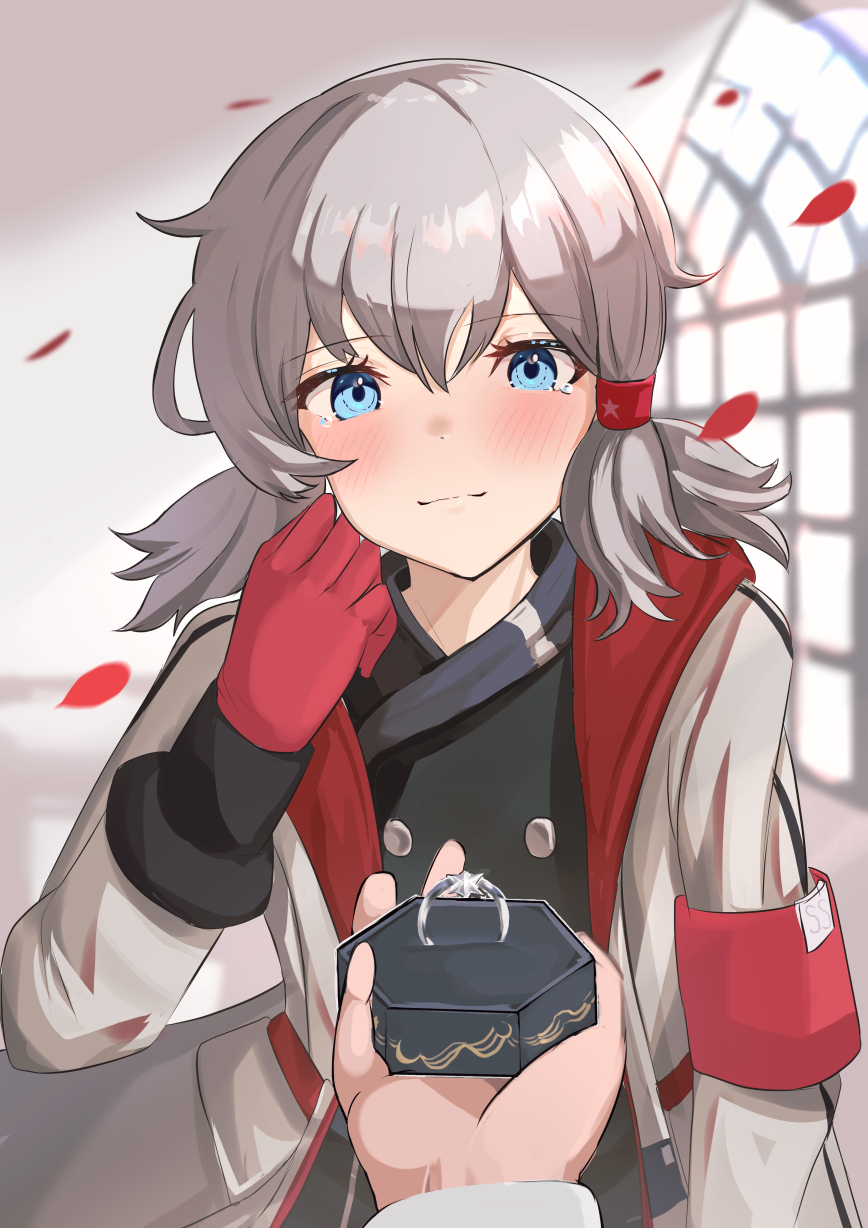 1girl armband azur_lane black_jacket blue_eyes blush box buttons closed_mouth coat commander_(azur_lane) commentary_request crying crying_with_eyes_open denver_(azur_lane) double-breasted falling_petals gloves hair_between_eyes hair_ornament hand_up highres holding holding_box hood hooded_coat indoors jacket jewelry long_sleeves looking_at_viewer low_twintails medium_hair open_clothes open_coat petals pov pov_hands red_gloves ring short_twintails sidelocks silver_hair smile solokitsune standing tears twintails upper_body wedding_band white_coat white_jacket window