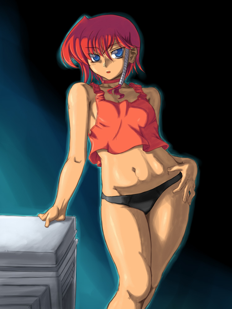 abs banpresto black_panties blue_eyes dark_skin fiona_gureden legs midriff othousand panties red_hair short_hair solo super_robot_wars super_robot_wars_reversal tank_top underwear