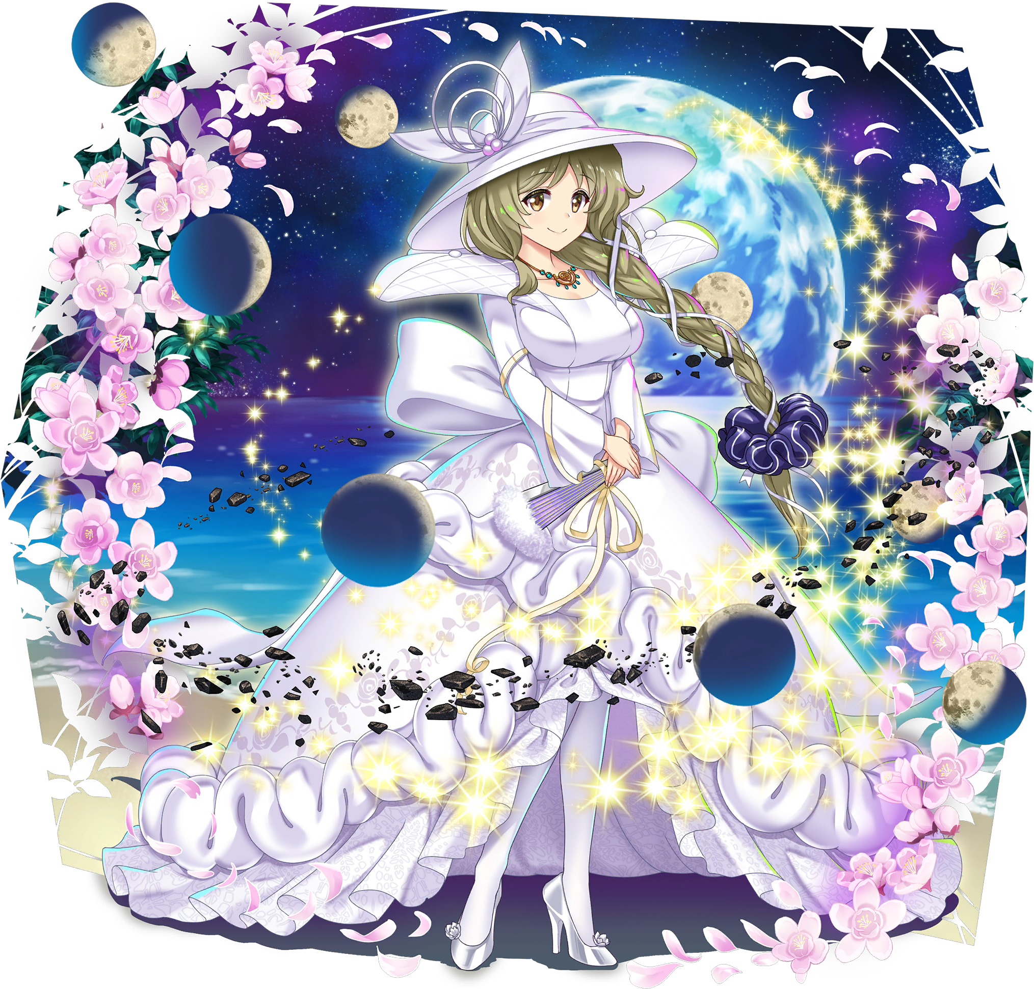 1girl alternate_costume alternate_hairstyle back_bow blonde_hair blush bow braid breasts closed_mouth crescent_moon dress earth_(planet) floral_print flower flower_request folded_fan folding_fan full_moon game_cg gibbous_moon hair_ornament hair_ribbon hair_scrunchie hand_fan hat high-low_dress high_heels highres holding holding_fan jewelry large_breasts long_hair long_sleeves looking_at_viewer moon moon_phases multiple_moons necklace official_art orbited own_hands_together pantyhose pink_flower planet print_dress ribbon rotte_(1109) scrunchie shards shoes single_braid smile solo supportasse third-party_source touhou touhou_lostword transparent_background very_long_hair watatsuki_no_toyohime watatsuki_no_toyohime_(white_peach_fragrance_princess) water wedding_dress white_dress white_hat white_pantyhose white_shoes yellow_eyes yellow_ribbon