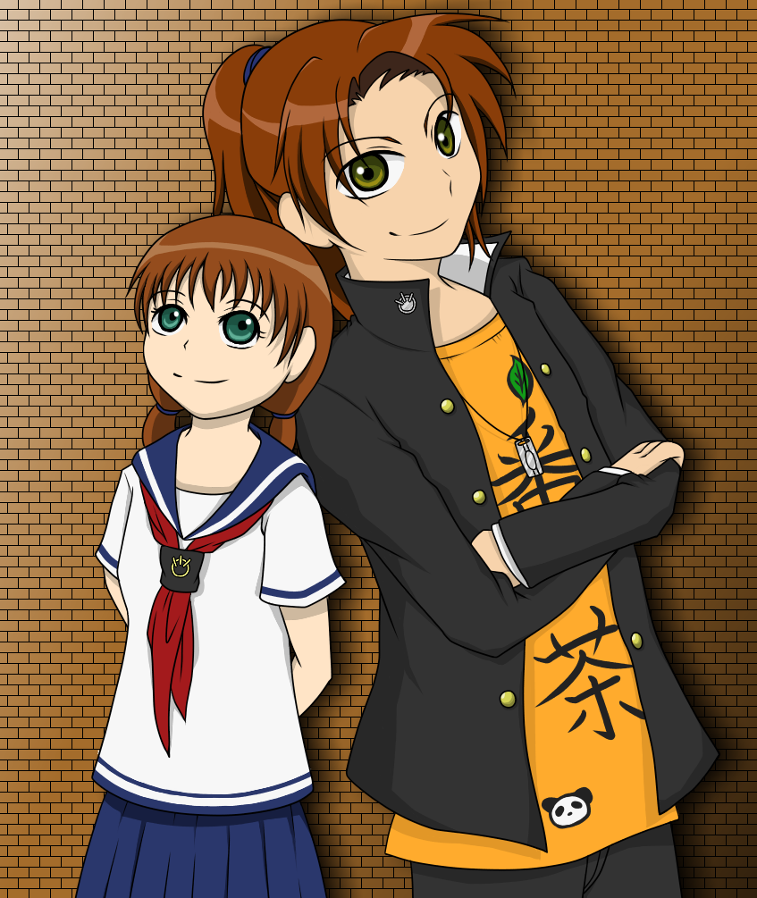 1boy 1girl brother_and_sister brown_hair daimon_chika daimon_masaru_(digimon_savers) digimon green_eyes siblings smile