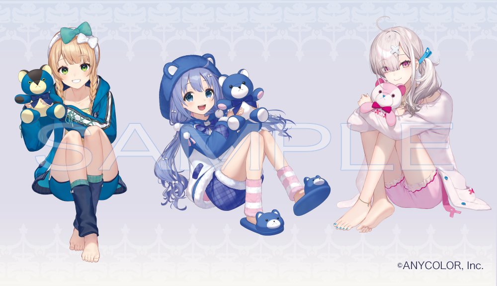 3girls ahoge animal_hood barefoot bear_hood blonde_hair blue_eyes blue_hair blue_hoodie blue_jacket blue_shorts braid green_eyes hair_ornament hood hoodie image_sample jacket kaburaki_roco long_hair long_sleeves multiple_girls nijisanji official_art open_clothes open_jacket pajamas pink_eyes pink_shorts shorts smile stuffed_animal stuffed_toy sukoya_kana teddy_bear tsunakawa twin_braids twintails virtual_youtuber x_hair_ornament yuuki_chihiro