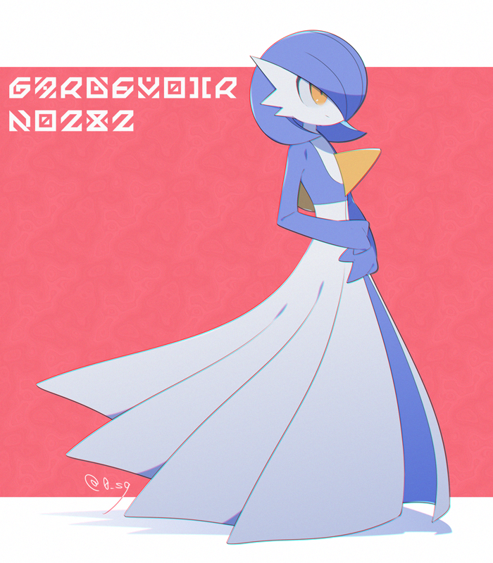 alternate_color artist_name blue_hair bob_cut character_name colored_skin dress gardevoir gen_3_pokemon multicolored_skin nintendo orange_eyes pink_background pokemon pokemon_(creature) sg_(suuchan) shiny_pokemon simple_background smile two-tone_skin white_dress white_skin