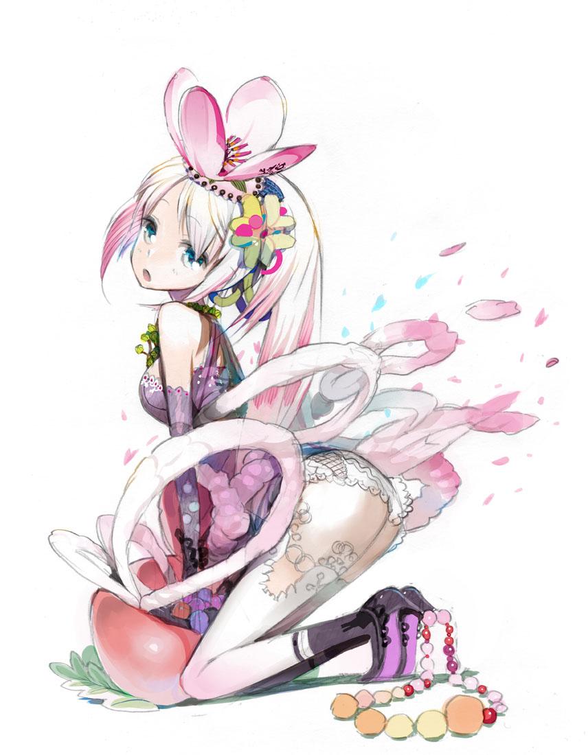 1girl arched_back arm_support bare_shoulders beads blue_eyes elbow_gloves eyebrows female_focus flower from_side gloves gradient_hair hair_flower hair_ornament high_heels jewelry kneeling leaf long_hair looking_at_viewer multicolored_hair necklace okama open_mouth original petals pink_hair polka_dot solo thighhighs white_background white_hair