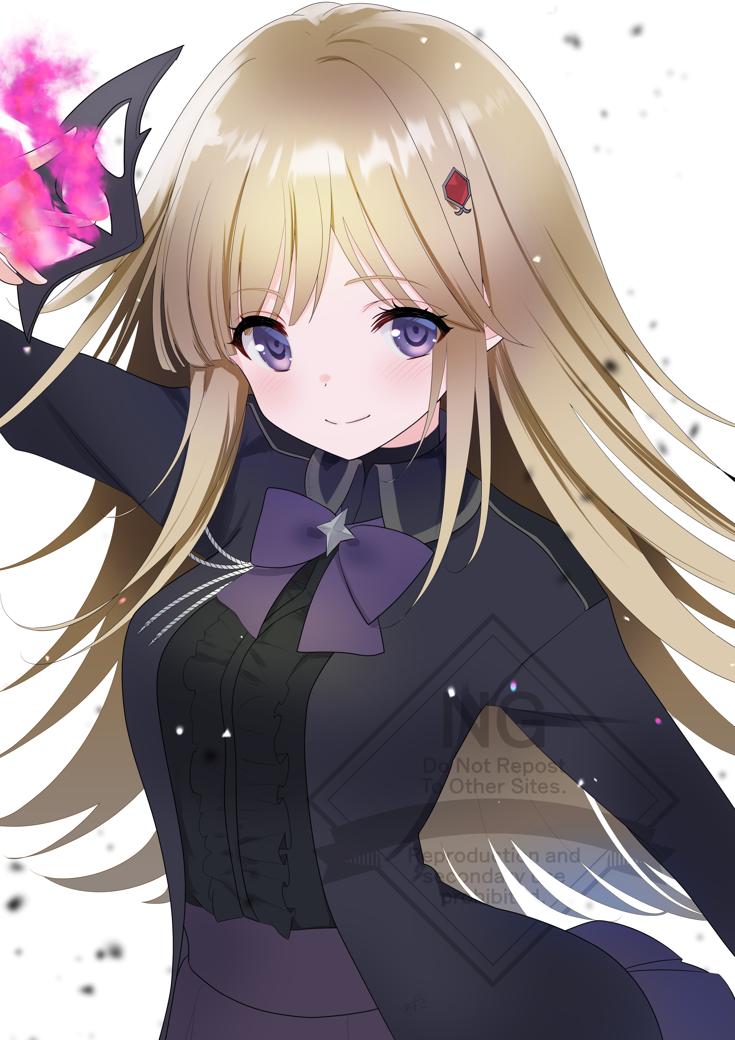 1girl absurdres arm_at_side arm_up assault_lily azusa_(azchemist63) black_jacket black_shirt blonde_hair blush bow bowtie breasts center_frills closed_mouth commentary_request commission domino_mask frilled_shirt frills gem gem_hair_ornament high-waist_skirt highres holding holding_mask jacket long_hair long_sleeves looking_at_viewer mask medium_breasts michikawa_miaki open_clothes open_jacket purple_bow purple_bowtie purple_eyes purple_skirt red_gemstone shirt shirt_tucked_in skeb_commission skirt smile solo unworn_mask upper_body watermark