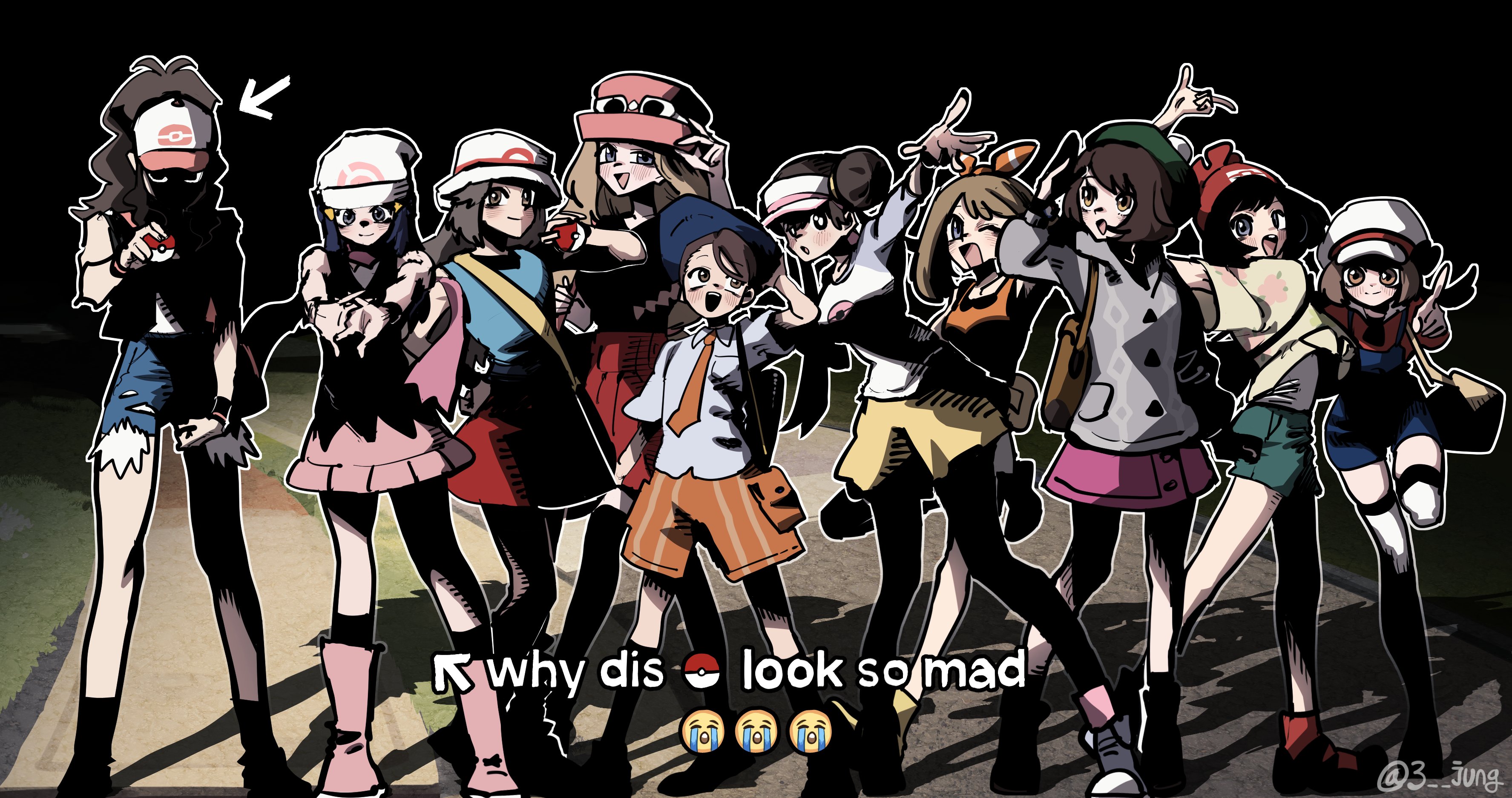 3_jung 6+girls absurdres baseball_cap beanie black_hair black_vest blue_hair blue_overalls blue_shorts brown_eyes brown_hair crying_emoji emoji english_text excited eyewear_on_headwear face_in_shadow flat_cap gloria_(pokemon) grey_sweater hat highres hilda_(pokemon) juliana_(pokemon) long_hair lyra_(pokemon) may_(pokemon) meme multiple_girls naranja_academy_school_uniform necktie night nintendo orange_necktie outdoors overall_shorts overalls pink_shirt pink_skirt pointing poke_ball pokemon pokemon_(creature) pokemon_bw pokemon_bw2 pokemon_dppt pokemon_frlg pokemon_hgss pokemon_oras pokemon_sm pokemon_sv pokemon_swsh pokemon_xy ponytail red_hat rosa_(pokemon) scarf school_uniform selene_(pokemon) serious shadow shirt short_hair short_shorts shorts skirt sleeveless sleeveless_shirt striped_clothes striped_shorts sweater tam_o'_shanter vest visor_cap why_dis_ninja_look_so_mad_(meme) yellow_shorts