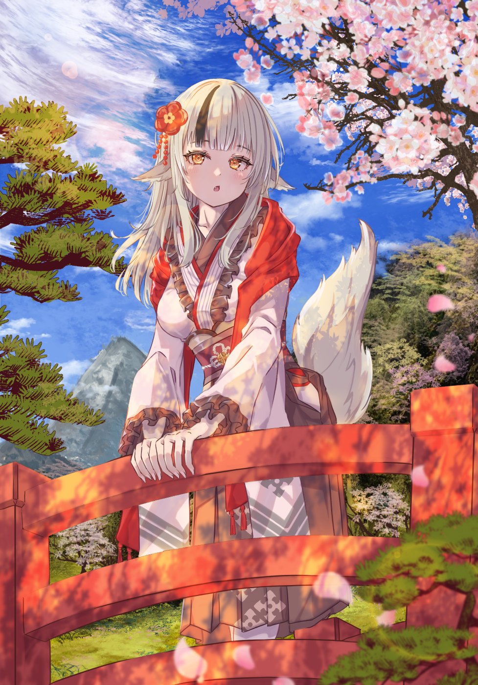1girl animal_ears breasts cherry_blossoms collarbone fang fire_emblem fire_emblem_fates fire_emblem_heroes flower frilled_kimono frills fuussu_(21-kazin) gradient_clothes grey_hair grey_tail hair_flower hair_ornament highres japanese_clothes kimono medium_breasts multicolored_hair nintendo official_alternate_costume open_mouth solo standing streaked_hair tail two-tone_hair two-tone_kimono velouria_(fire_emblem) velouria_(new_year)_(fire_emblem) wide_sleeves wolf_ears wolf_girl wolf_tail yellow_eyes