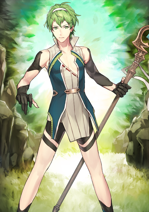 1boy black_gloves black_shorts black_sleeves closed_mouth david_(fate) detached_sleeves fate/grand_order fate_(series) feet_out_of_frame ginka_sima gloves green_background green_eyes green_hair hairband high_collar holding holding_staff legs_apart looking_at_viewer male_focus official_art outstretched_arms partially_fingerless_gloves pectorals short_hair shorts sleeveless solo staff standing thigh_strap third-party_source tunic v-shaped_eyebrows variant_set white_hairband