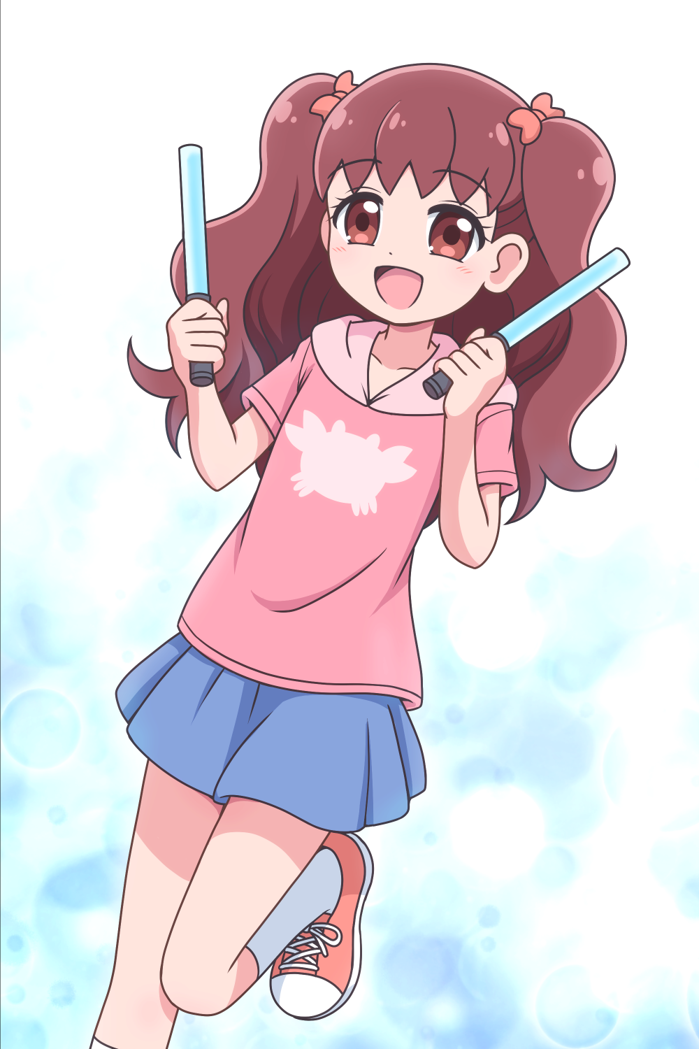 1girl :d alternate_costume bare_legs blue_background blue_skirt blush bow bubble_background casual collarbone commentary crab_print dot_nose foot_out_of_frame glowstick gradient_background hair_bow hair_ornament hands_up highres holding holding_glowstick hood hooded_shirt kanie_(precure) kato-shun kneehighs leg_up long_hair looking_at_viewer miniskirt open_mouth orange_bow orange_shoes penlight_(glowstick) pink_shirt precure red_eyes red_hair shirt shoes short_sleeves skirt smile sneakers socks solo twintails white_background white_socks wonderful_precure!
