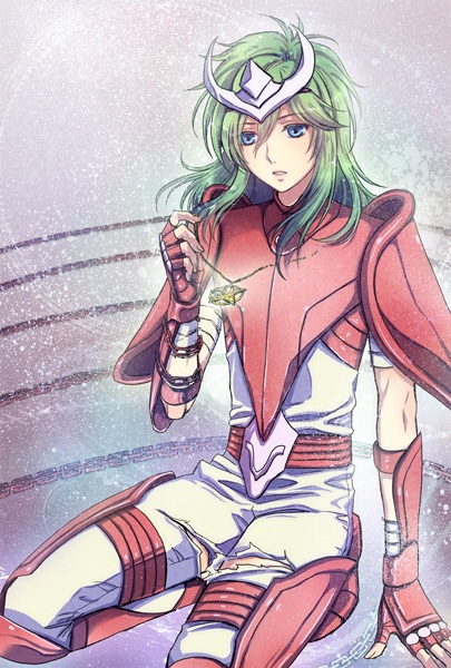 1boy amulet andromeda_shun armor bishounen blue_eyes bodysuit chain da_raku full_body gauntlets green_hair holding holding_jewelry holding_necklace jewelry long_hair male_focus necklace parted_lips pauldrons pink_armor saint_seiya shoulder_armor solo squatting star_pendant torn_bodysuit torn_clothes