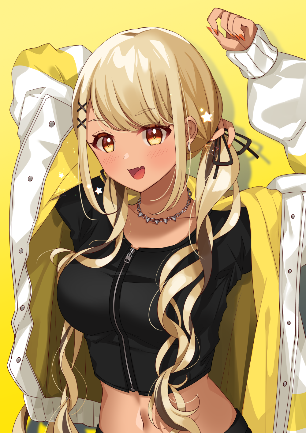 1girl :d arm_behind_back black_jacket black_ribbon breasts coat collarbone commentary_request dark-skinned_female dark_skin fang fingernails fujishiro_kokoa hair_ornament hair_ribbon hairclip highres jacket jewelry kaminari_qpi kaminari_qpi_(2nd_costume) large_breasts long_fingernails long_hair looking_at_viewer low_twintails midriff nail_polish navel necklace open_clothes open_jacket open_mouth orange_eyes orange_nails ribbon skin_fang smile solo swept_bangs twintails two-sided_fabric upper_body virtual_youtuber vspo! white_coat x_hair_ornament yellow_coat zipper