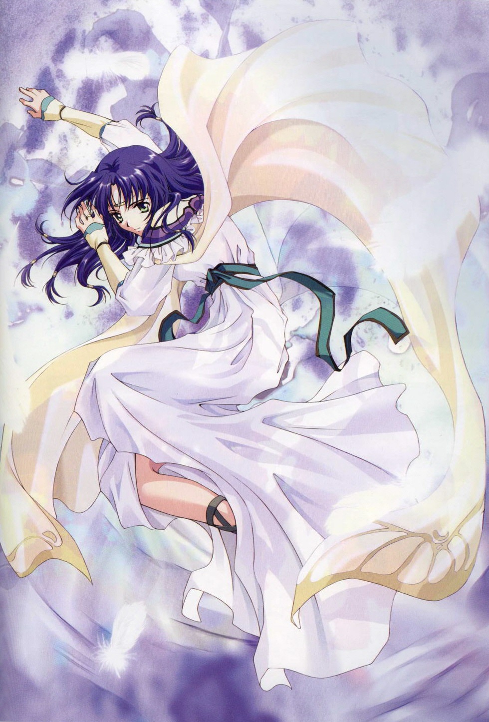 1girl cape dress female_focus green_eyes highres maria_(words_worth) purple_hair rin-sin solo white_dress words_worth