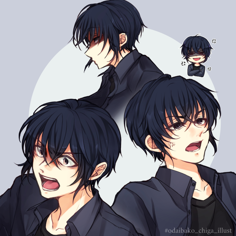 1boy anger_vein annoyed blue_eyes blue_jacket chi119 crossed_arms jacket kaii_shoukougun kaii_shoukougun_3 kogure_shinichi shaded_face short_hair upper_body