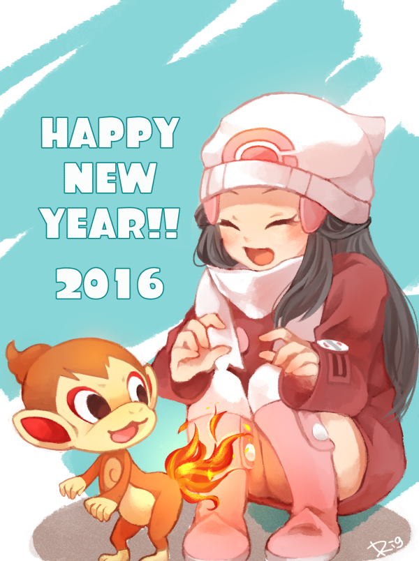 1girl 2016 black_hair boots chimchar closed_eyes coat dawn_(pokemon) fire game_freak gen_4_pokemon happy happy_new_year long_hair long_sleeves new_year nintendo pink_boots pokemon pokemon_(creature) pokemon_dppt pokemon_platinum red_coat rigu_(what_will_be_will_be!) scarf shadow signature squatting white_scarf