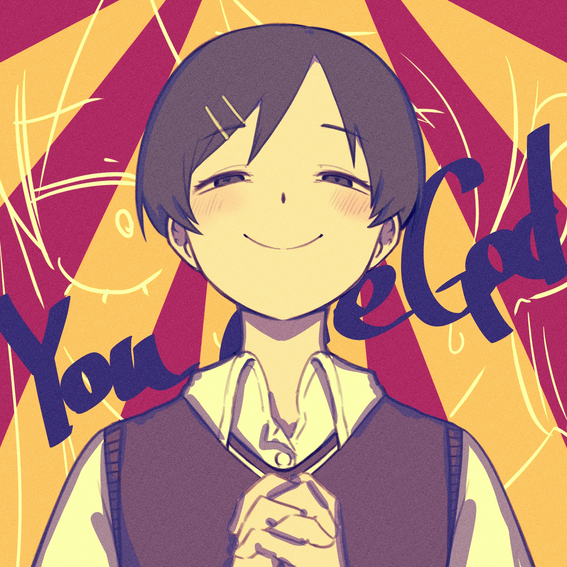 1girl black_eyes black_hair black_sweater_vest blush collared_shirt commentary_request film_grain futsuu_no_keion-bu hair_ornament hairpin half-closed_eyes highres interlocked_fingers kouyama_rin looking_at_viewer namayatsuwashi own_hands_clasped own_hands_together parted_bangs pixie_cut shirt short_hair smile solo sweater_vest two-tone_background upper_body white_shirt wing_collar