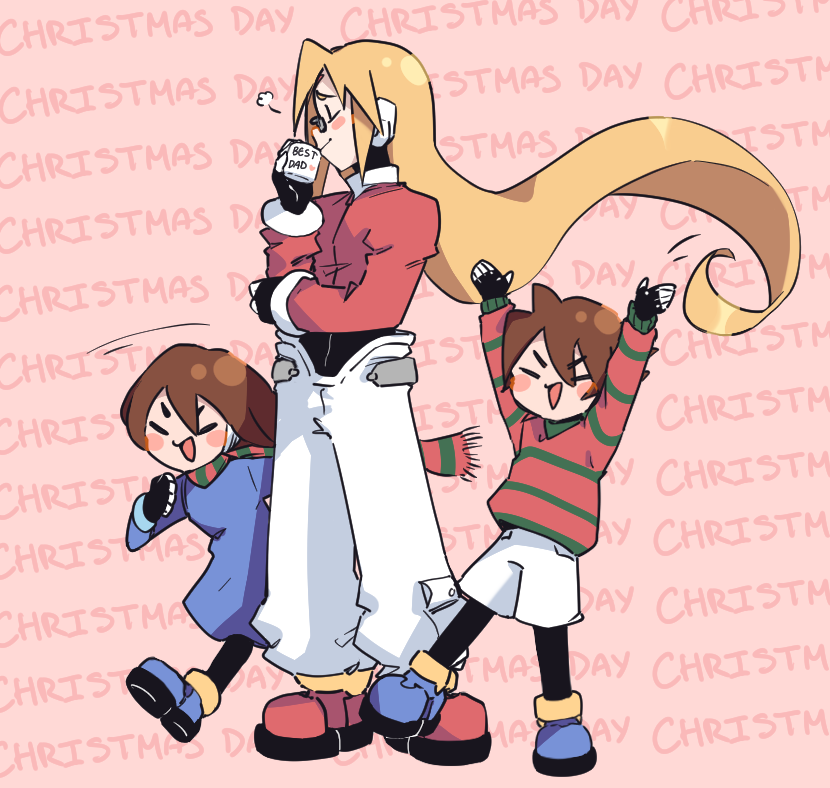 1girl 2boys aile_(mega_man_zx) blonde_hair blue_dress brown_hair christmas cropped_jacket cup dress english_text facial_mark forehead_mark full_body ghosty_entity girouette_(mega_man) holding holding_cup jacket long_hair mega_man_(series) mega_man_zx mug multiple_boys pants pink_hair red_jacket red_sweater robot_ears short_hair simple_background sweater vent_(mega_man) white_pants
