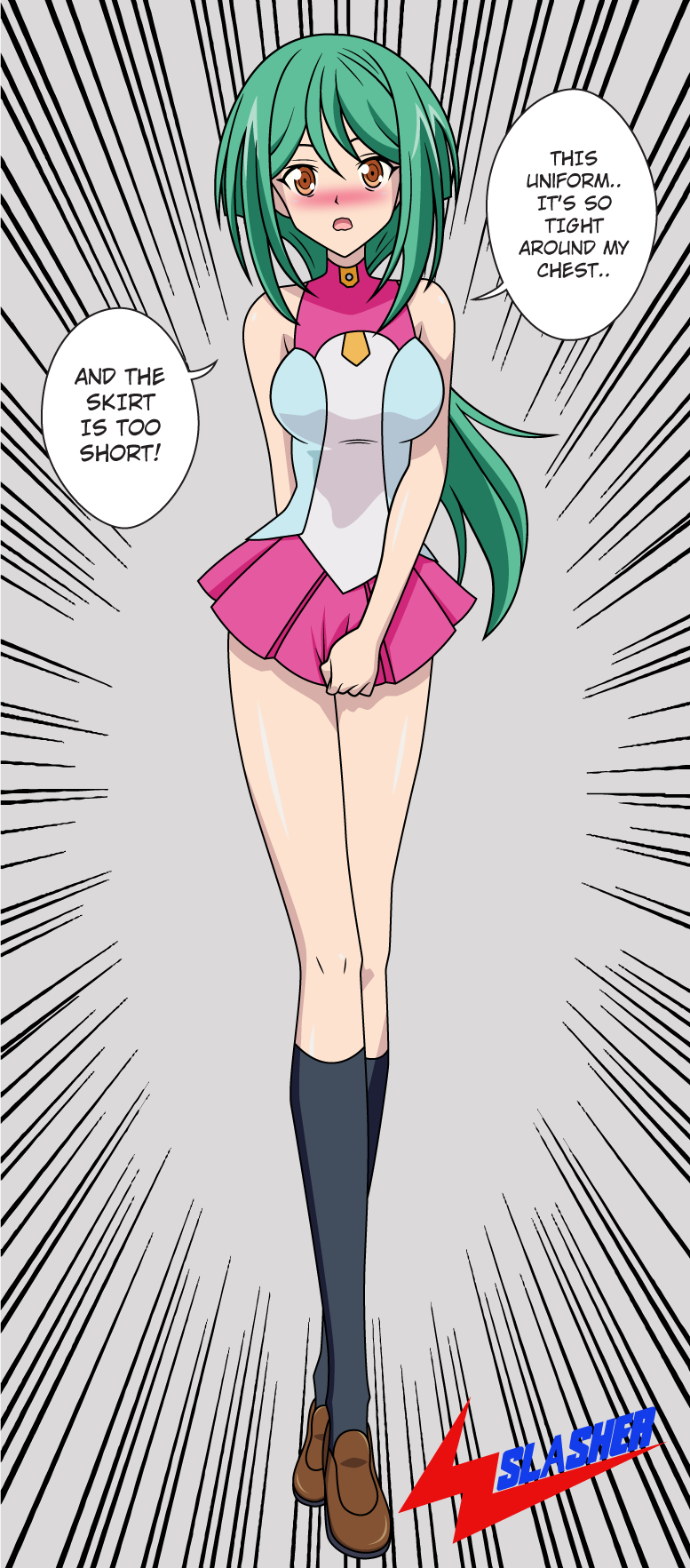10s 1girl anjou_tokoha bare_shoulders blush cardfight!!_vanguard cardfight!!_vanguard_g clothes_pull cosplay covering_privates full_body green_hair highres legs crossed_legs long_legs microskirt miniskirt mizuki_kotori_(yu-gi-oh!) mizuki_kotori_(yu-gi-oh!)_(cosplay) open_mouth school_uniform shoes skirt skirt_pull skirt_tug socks speech_bubble tagme wslasher yu-gi-oh! yuu-gi-ou yuu-gi-ou_zexal