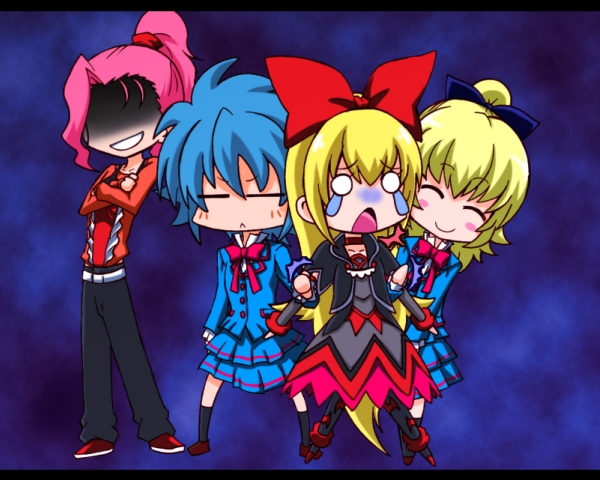 00s 10s 4girls animal_print bat_print blonde_hair blue_hair blue_shirt blue_skirt bow chinen_miyuki dokidoki!_precure fresh_precure! gekoge_satoru hair_bow higashiyama_seika long_hair miyuki_(fresh_precure!) multiple_girls nishijima_waon pantyhose precure print_legwear regina_(dokidoki!_precure) school_uniform shaded_face shirt short_hair skirt smile suite_precure