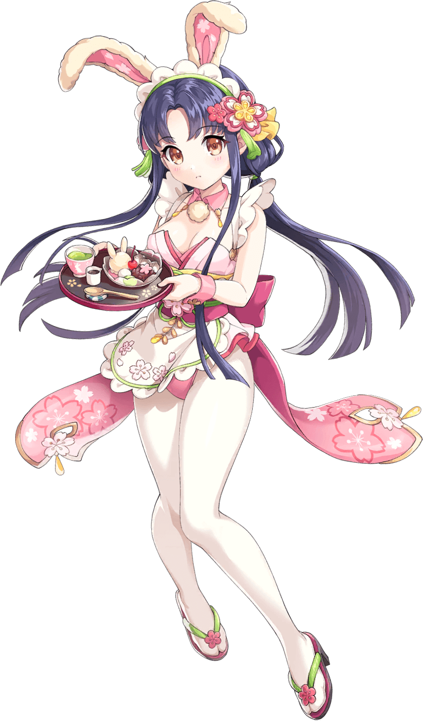 1girl animal_ear_hairband animal_ears artist_request bare_arms black_hair breasts cherry cleavage cup fake_animal_ears floral_print flower food fruit full_body game_cg hair_flower hair_ornament hairband highres holding konohanasakuya-hime_(legend_clover) legend_clover light_blush official_alternate_costume official_art okobo orange_eyes pantyhose platform_sandals rabbit_ear_hairband rabbit_ears sandals spoon third-party_source transparent_background white_pantyhose wooden_spoon