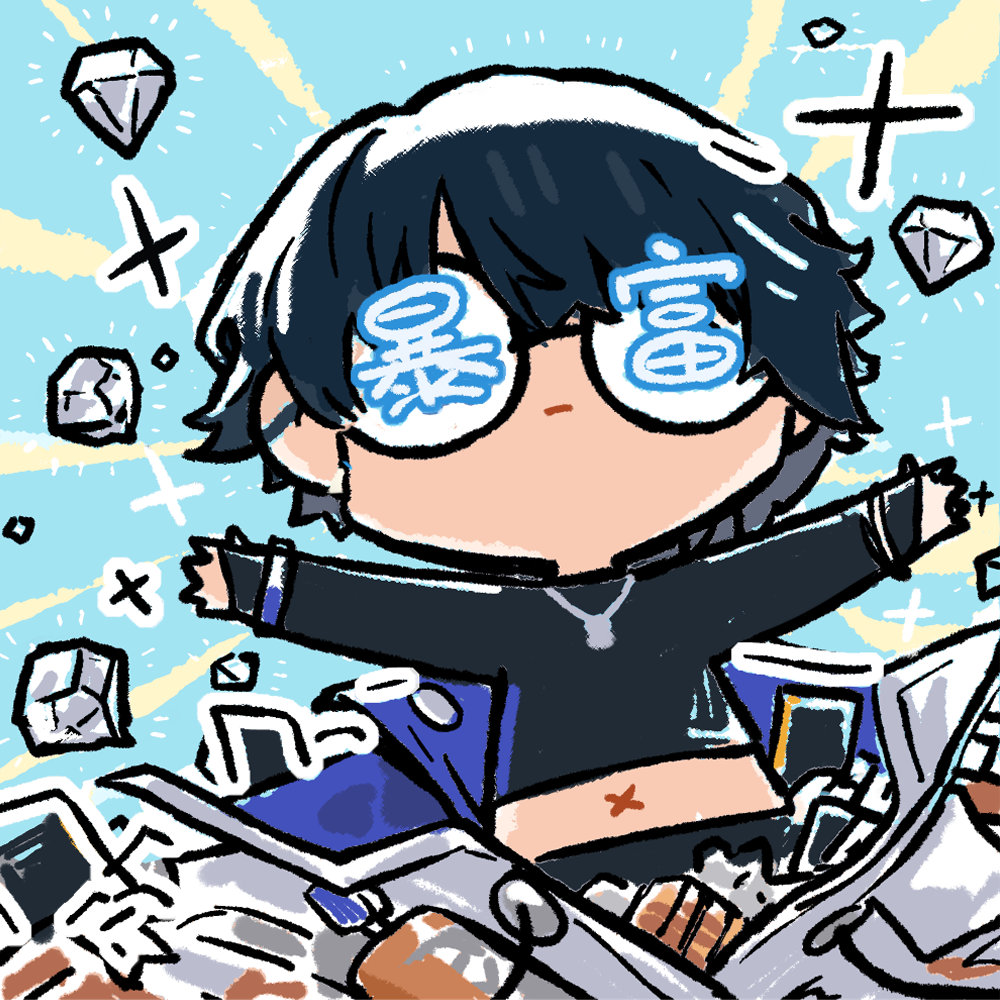 1boy black_hair chibi chibi_only chinese_commentary chinese_text cui_pi_zha_xia_qiu diamond_(gemstone) girls&#039;_frontline girls&#039;_frontline_neural_cloud goggles navel official_art outstretched_arms second-party_source shining solo sparkle sueyoi_(neural_cloud)