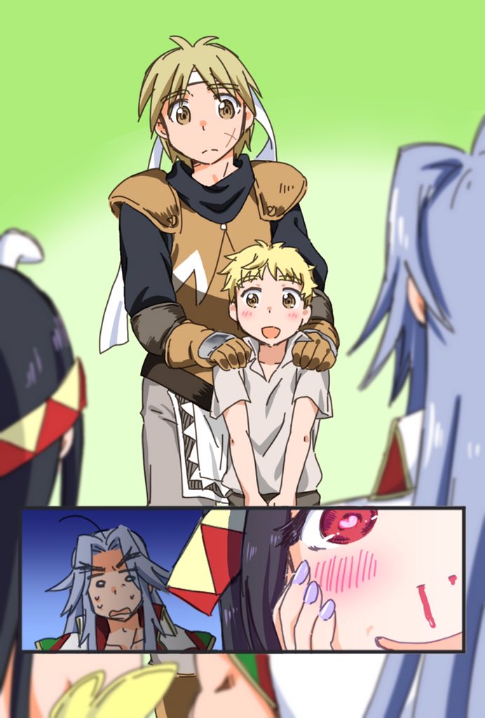 1girl 3boys armor black_hair blonde_hair blood blue_eyes blue_hair chrono_cross closed_mouth glenn_(chrono_cross) headband heart heart-shaped_pupils karsh_(chrono_cross) long_hair moromoto_meoto multiple_boys nail_polish nosebleed open_mouth riddel_(chrono_cross) short_hair smile symbol-shaped_pupils