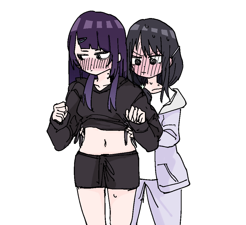 2girls @_@ black_footwear black_hair black_hoodie blush bust_measuring full-face_blush grey_jacket hood hooded_jacket hoodie idolmaster idolmaster_shiny_colors jacket kazano_hiori long_hair long_sleeves looking_at_another measuring midriff multiple_girls navel nisankatanso_hakushaku nose_blush purple_hair sideways_glance simple_background stomach tanaka_mamimi white_background yuri