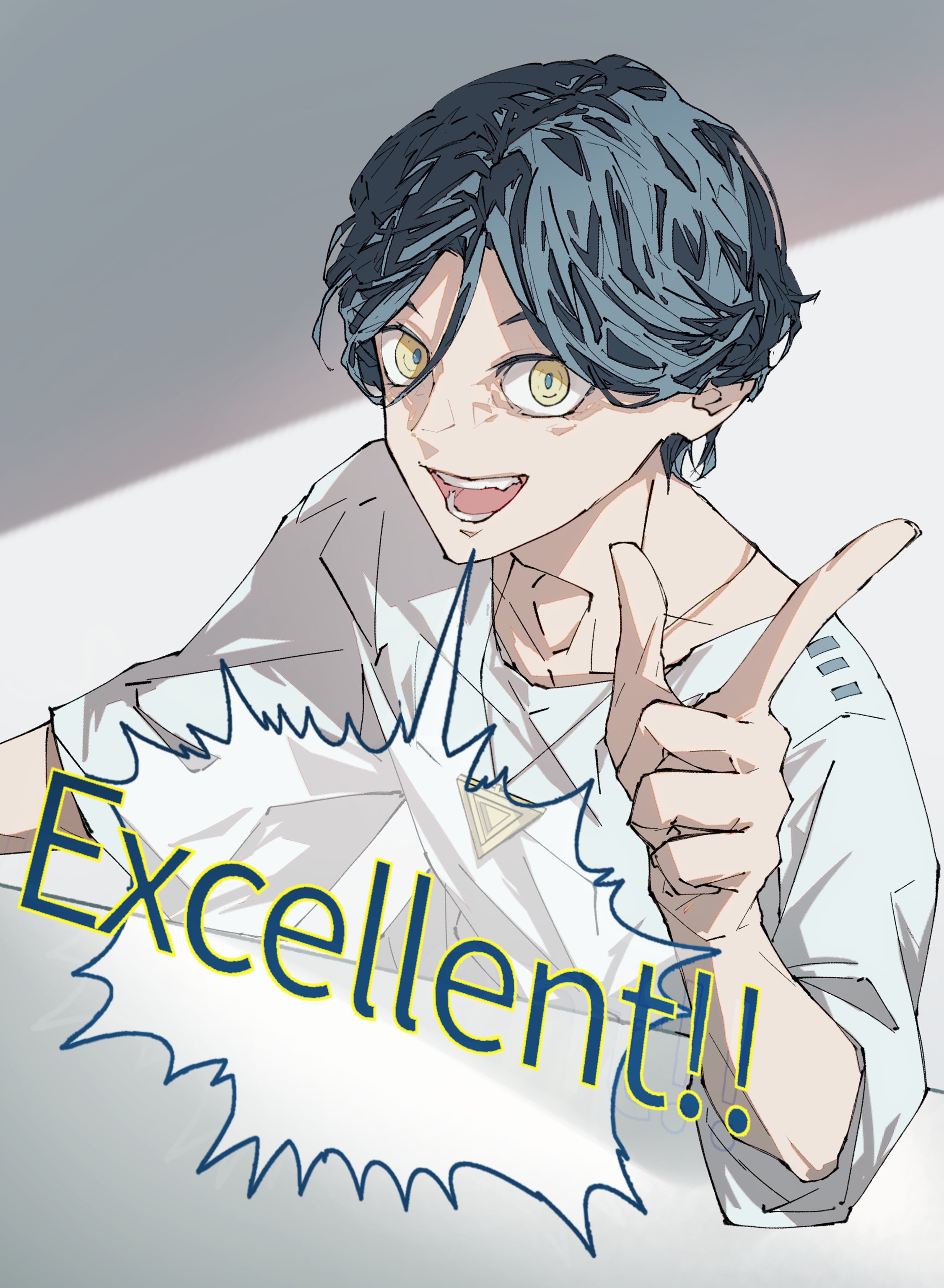 1boy :d absurdres blue_hair commentary_request english_text hair_between_eyes hand_up highres index_finger_raised looking_at_viewer male_focus meguriya_ayumu open_mouth shikishima_(3jikaika) shirt short_hair short_sleeves simple_background smile solo speech_bubble teeth toshi_densetsu_kaitai_center triangle_necklace upper_body white_shirt yellow_eyes