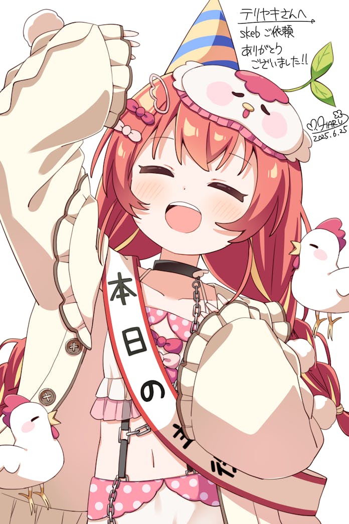 1girl :d arm_up bird black_choker blonde_hair blush bow chicken choker closed_eyes collarbone commentary_request commission dated facing_viewer hair_bow haru_(konomi_150) hat indie_virtual_youtuber jacket long_hair long_sleeves mei_(vtuber) multicolored_hair navel open_clothes open_jacket open_mouth party_hat red_bow red_hair signature simple_background skeb_commission sleep_mask smile solo sprout streaked_hair teeth two-tone_hair upper_body upper_teeth_only virtual_youtuber white_background white_bow yellow_jacket