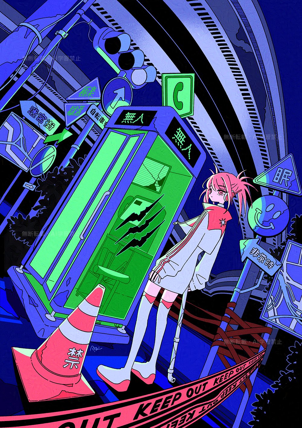 1girl boots caution_tape closed_mouth cropped_jacket full_body hair_between_eyes headphones highres holding holding_lead_pipe keep_out lead_pipe looking_to_the_side nakazawa_ayami neon_palette night night_sky original phone_booth pink_eyes pink_hair road_sign sign skirt sky sleeves_past_wrists smiley_face solo thigh_boots traffic_cone twintails white_boots white_skirt