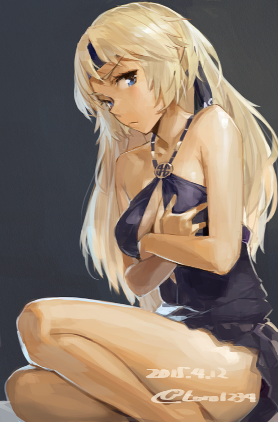 1girl andras bare_shoulders blue_dress breasts cleavage covering_breasts covering_privates dated dress elf female_focus headband long_hair mabinogi pointy_ears short_dress sitting solo toro_(konirio) twitter_username