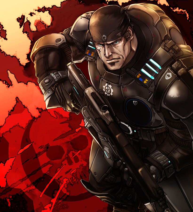 1boy animification arimi_rio_(baubau) bandana blue_hair body_armor chainsaw commentary_request crimson_omen facial_hair facial_scar gears_of_war goatee gun lancer_(gears_of_war) looking_at_viewer male_focus marcus_fenix neon_trim rifle scar scar_on_cheek scar_on_face weapon