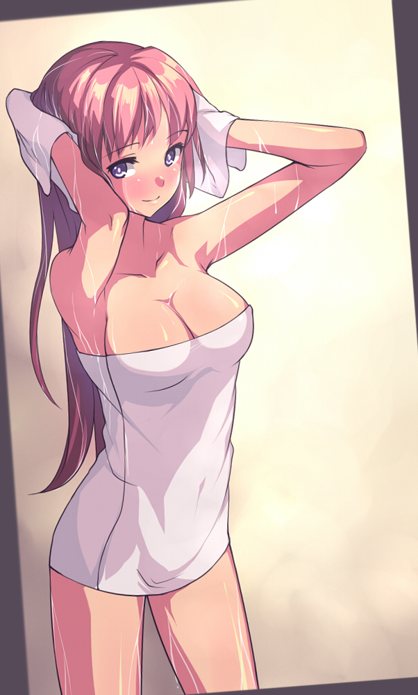 1girl armpits arms_up blush breasts cleavage collarbone covered_navel cowboy_shot drying drying_hair female_focus framed holding large_breasts long_hair looking_at_viewer naked_towel original parted_bangs pink_hair profile purple_eyes saiste seductive_smile smile solo standing towel very_long_hair wet