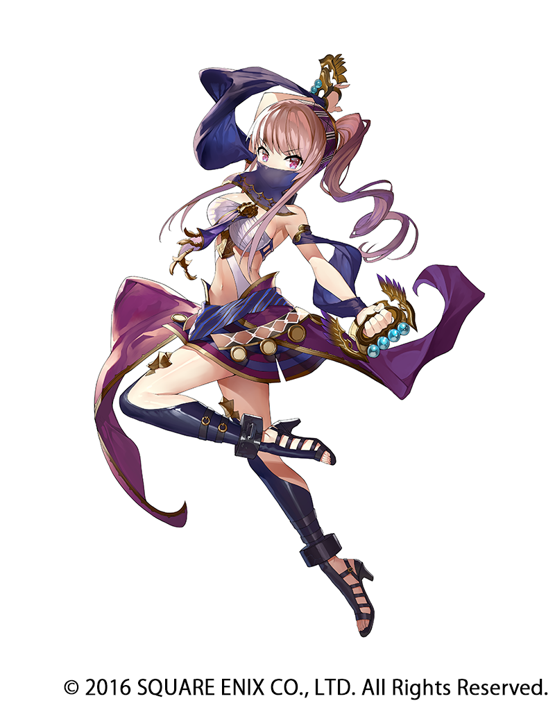 1girl arabian_clothes breasts copyright_notice covered_mouth full_body gaou_(umaiyo_puyoman) gauntlets grimms_notes high_heel_sandals high_heels large_breasts long_hair midriff morgiana_(grimms_notes) mouth_veil navel official_art pink_eyes pink_hair ponytail sandals simple_background solo veil white_background