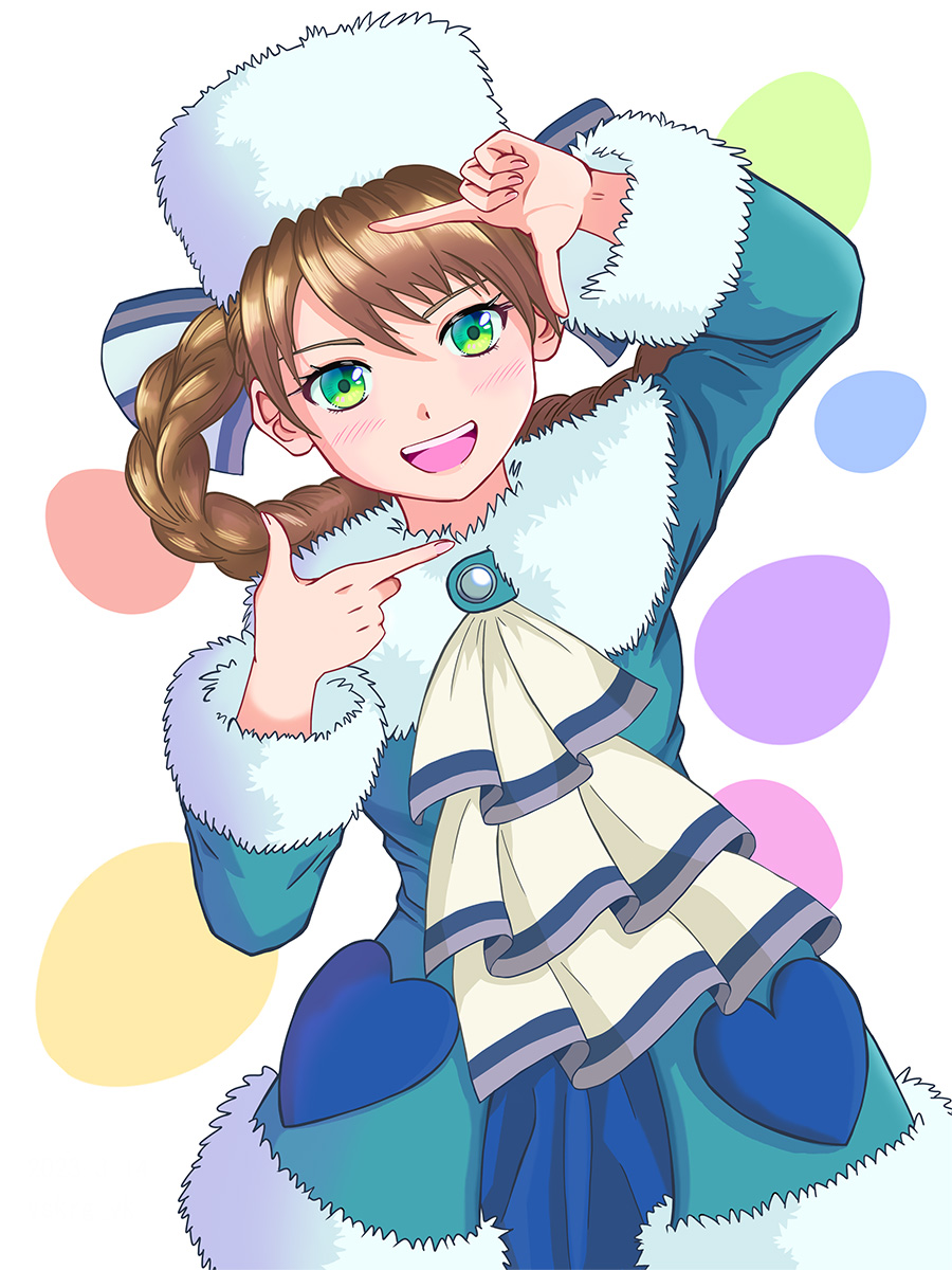 1girl anastasia_(shadow_hearts) braid brown_hair dress fur_hat fur_trim green_eyes hat highres looking_at_viewer open_mouth sakuragi_yukinari shadow_hearts shadow_hearts_ii short_hair smile solo twin_braids