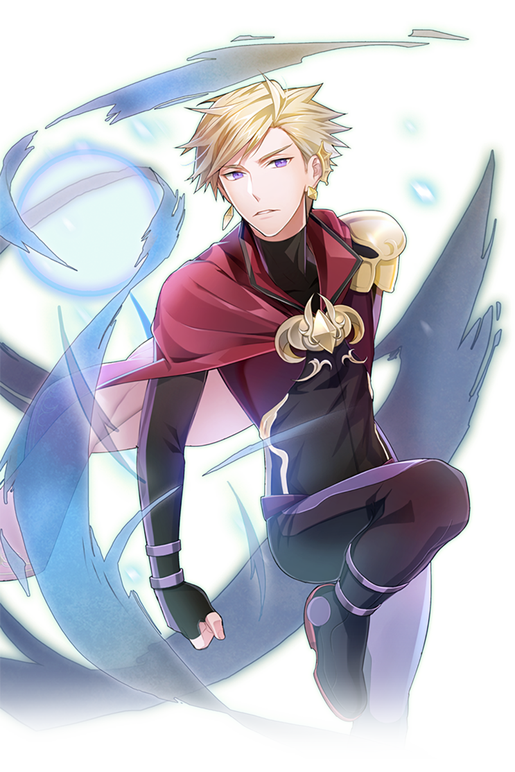 1boy black_footwear black_gloves black_pants black_shirt blonde_hair cape clenched_hand earrings gloves hair_ornament image_sample jewelry looking_at_viewer male_focus naver_sample orb pants purple_eyes red_cape shirt soccer_spirits standing standing_on_one_leg transparent_background tuuuh virgil_(soccer_spirits)