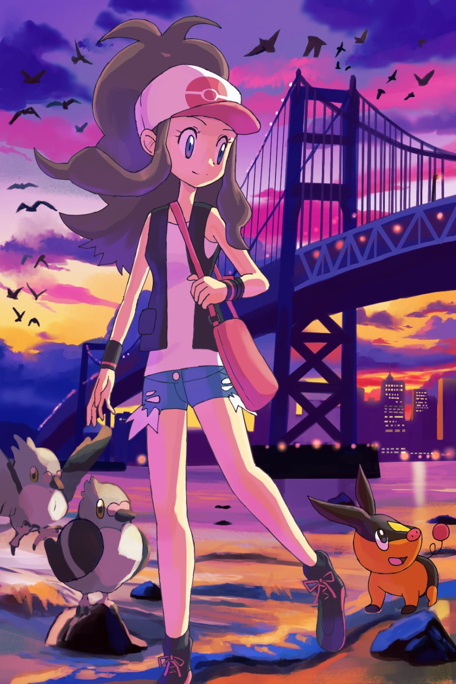 1girl bag bare_shoulders black_footwear black_vest blue_eyes blue_shorts bridge brown_hair closed_mouth gen_5_pokemon hat high_ponytail highres hilda_(pokemon) long_hair nintendo open_clothes open_vest pidove pink_bag pokemon pokemon_(creature) pokemon_bw ponytail rowdon shirt shorts shoulder_bag sleeveless sleeveless_shirt smile tepig vest walking white_hat white_shirt wristband