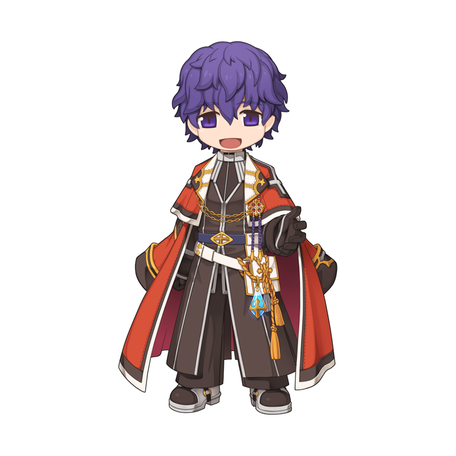 1boy :d belt belt_pouch black_gloves black_jacket black_pants black_shirt black_shoes chain chibi chibi_only coat coat_on_shoulders cross full_body gloves gold_chain hair_between_eyes inquisitor_(ragnarok_online) jacket lehar_zeta looking_at_viewer male_focus messy_hair official_art open_mouth pants pouch purple_eyes purple_hair ragnarok_online reaching reaching_towards_viewer red_coat shirt shoes short_hair simple_background smile solo tassel transparent_background white_belt yuichirou