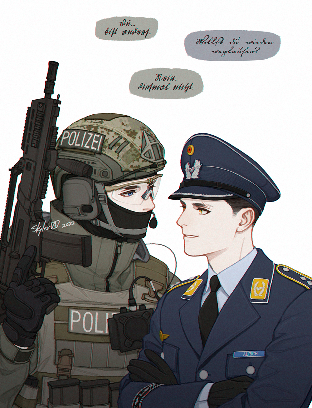 2022 2boys alternate_universe ammunition_pouch assault_rifle badge balaclava black_gloves black_hair black_necktie blue_eyes blue_headwear blue_jacket body_armor breast_pocket brown_headwear brown_helmet brown_jacket buckle bulletproof_vest bundespolizei buttons camouflage camouflage_headwear character_name chin_strap chinese_commentary clothes_writing collar_tabs collared_shirt combat_helmet commentary commentary_request covered_mouth crossed_arms cursive english_commentary from_side german_commentary german_text germany gloves gun h&amp;k_g36 h&amp;k_g36c handle hat hat_ornament headset headwear_writing heckler_&amp;_koch helmet highres holding holding_gun holding_weapon insignia jacket lapels load_bearing_vest long_sleeves looking_at_another looking_to_the_side luftwaffe magazine_(weapon) male_focus microphone military military_dress_uniform military_hat military_jacket military_uniform multiple_boys name_tag necktie nose notched_lapels original parted_lips partial_commentary partially_translated pocket police pouch rifle s.w.a.t. safety_glasses shirt short_hair signature simple_background skyleranderton smile snap-fit_buckle tactical_clothes translation_request trigger_discipline turtleneck vertical_foregrip very_short_hair weapon white_background white_shirt yellow_eyes zipper