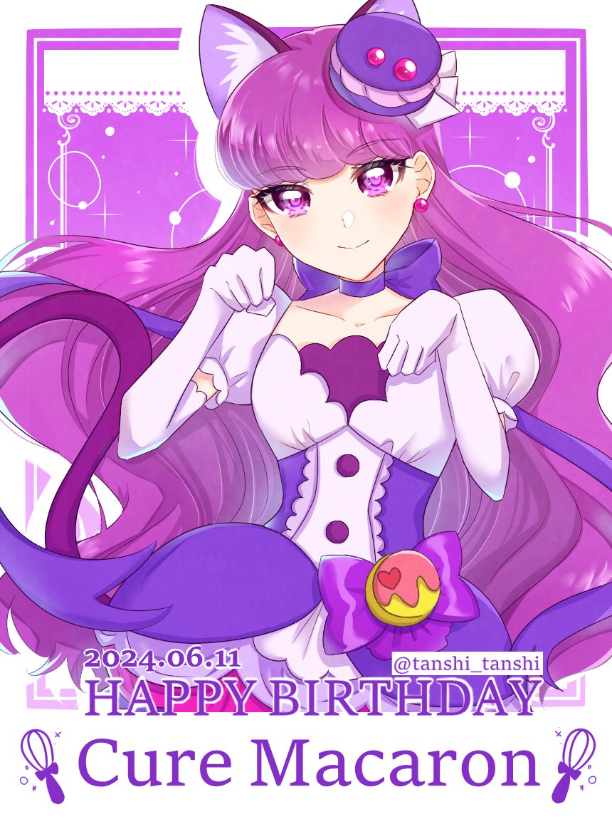 1girl animal_ears breasts cat_ears character_name choker collarbone cure_macaron dated dress earrings elbow_gloves extra_ears food-themed_hair_ornament gloves hair_ornament happy_birthday heart_pouch jewelry kirakira_precure_a_la_mode kotozume_yukari long_hair looking_at_viewer macaron_hair_ornament magical_girl pom_pom_(clothes) pom_pom_earrings precure purple_choker purple_eyes purple_hair purple_tail ribbon_choker small_breasts smile solo tanshi_tanshi twitter_username upper_body very_long_hair white_gloves