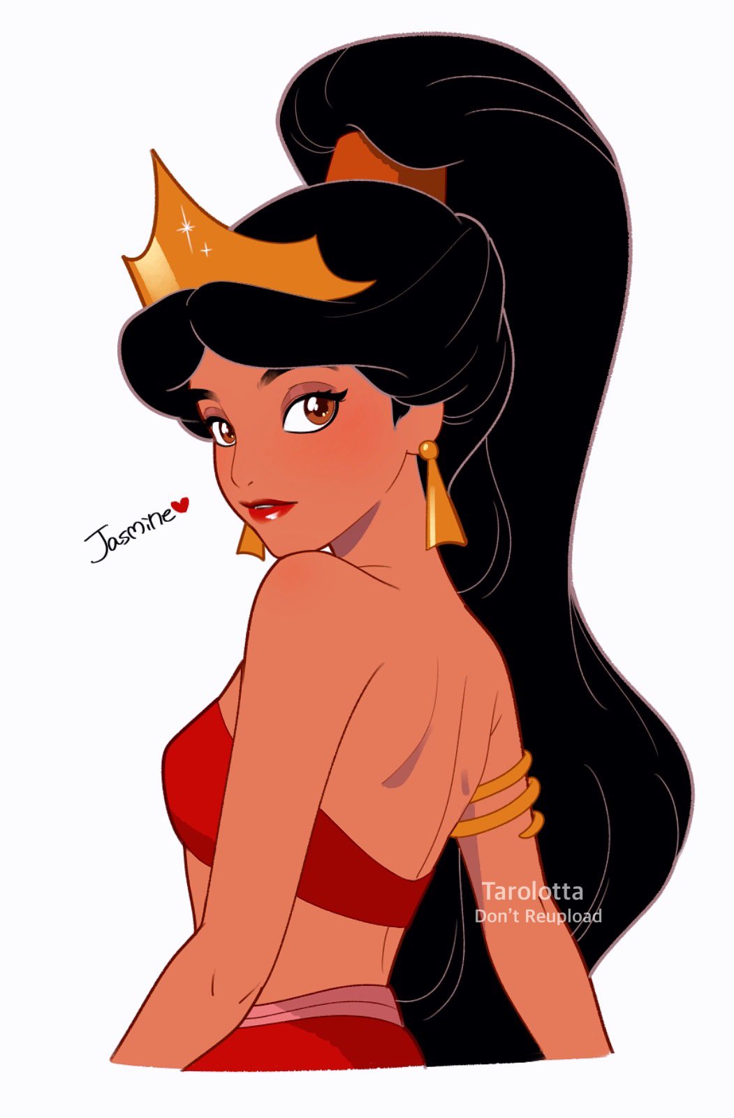 1girl aladdin_(movie) armlet artist_name bandeau bare_shoulders black_hair breasts brown_eyes character_name commentary_request dark-skinned_female dark_skin disney earrings from_side harem_outfit high_ponytail highres jasmine_(disney) jewelry long_hair looking_at_viewer midriff ponytail profile red_bandeau small_breasts solo tarolotta tiara upper_body very_long_hair watermark