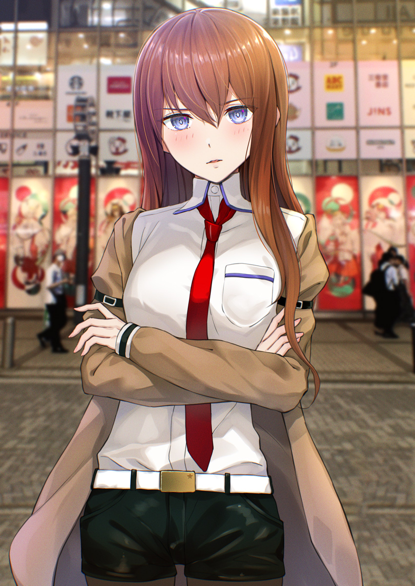 1girl belt black_pantyhose black_shorts blue_eyes blurry blurry_background blush brown_hair brown_jacket crossed_arms highres jacket kanden_sky long_hair long_sleeves looking_at_viewer makise_kurisu necktie pantyhose pantyhose_under_shorts red_necktie shorts solo steins;gate