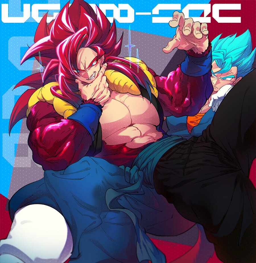 blue_eyes blue_sash closed_mouth dougi dragon_ball dragon_ball_heroes dragon_ball_super earrings gloves gogeta gogeta_(xeno) jewelry long_hair looking_at_viewer male_focus metamoran_vest monkey_boy monkey_tail multiple_boys muscular muscular_male ommmyoh open_mouth pants potara_earrings red_fur saiyan sash smile spiked_hair super_full_power_saiyan_4_limit_breaker super_saiyan super_saiyan_4 super_saiyan_blue tail time_patrol_(dragon_ball) twitter_username vegetto