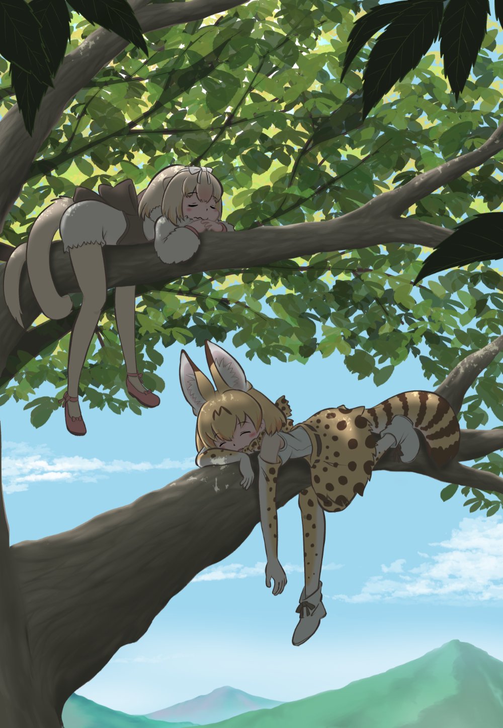 2girls animal_ears animal_print anteater_ears anteater_tail back_bow bare_shoulders black_bow black_corset blonde_hair blush boots bow bowtie cat_ears cat_girl cat_tail closed_eyes commentary_request corset elbow_gloves flats fur_shirt gloves hair_bow high-waist_skirt highres kemono_friends long_sleeves morinexxx multiple_girls pantyhose pink_pantyhose pink_shoes print_bow print_bowtie print_gloves print_skirt print_thighhighs serval_(kemono_friends) shirt shoes short_hair shorts silky_anteater_(kemono_friends) skirt sleeping sleeveless tail thighhighs tree white_bow white_footwear white_shirt white_shorts