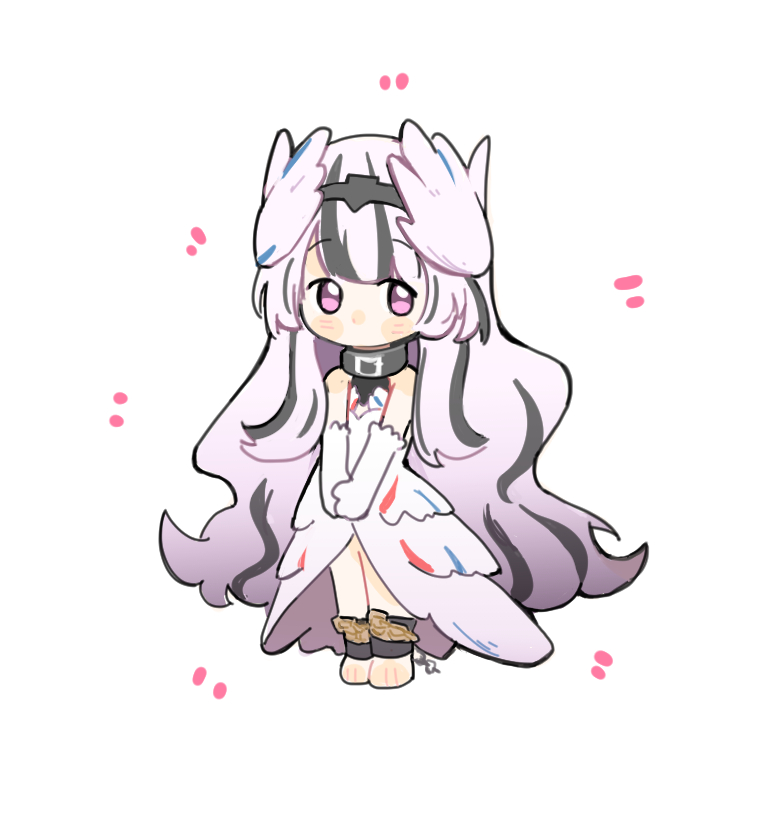 1girl black_choker black_hair chained_legs choker feather_dress fire_emblem fire_emblem_engage hair_ornament long_hair looking_at_viewer multicolored_hair nintendo purple_eyes split-color_hair two-tone_hair u_yufei veyle_(fire_emblem) wavy_hair wing_hair_ornament