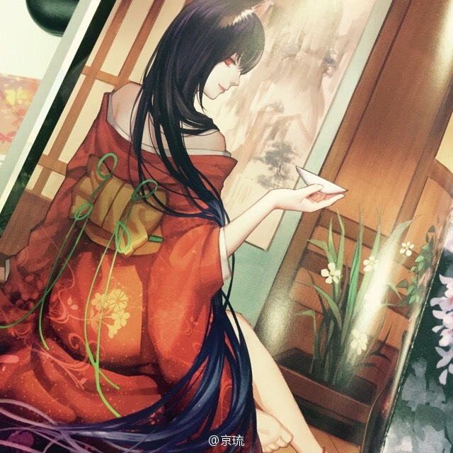 1girl animal_ears ask_(askzy) black_hair flower japanese_clothes kimono long_hair one_cup original plant red_eyes red_kimono sitting white_flower window wooden_floor