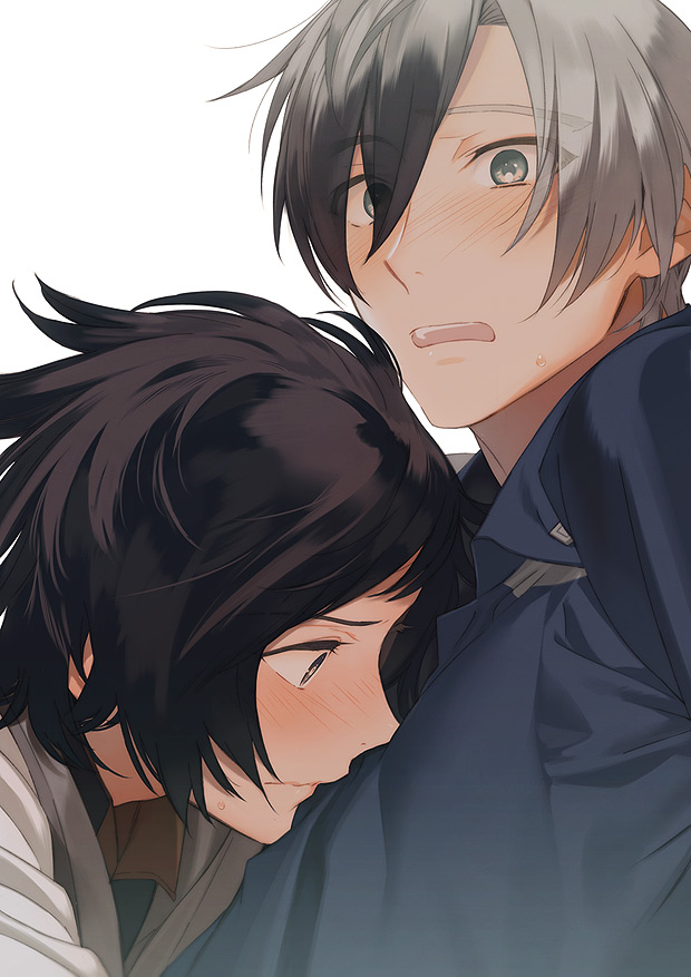 2boys akiyoshi_haru black_hair blush close-up collared_shirt commentary_request from_side green_eyes grey_hair hair_between_eyes head_on_chest jude_mathis looking_at_viewer ludger_will_kresnik male_focus multicolored_hair multiple_boys open_mouth profile shirt short_hair surprised sweatdrop tales_of_(series) tales_of_xillia tales_of_xillia_2 two-tone_hair white_background wide-eyed yaoi