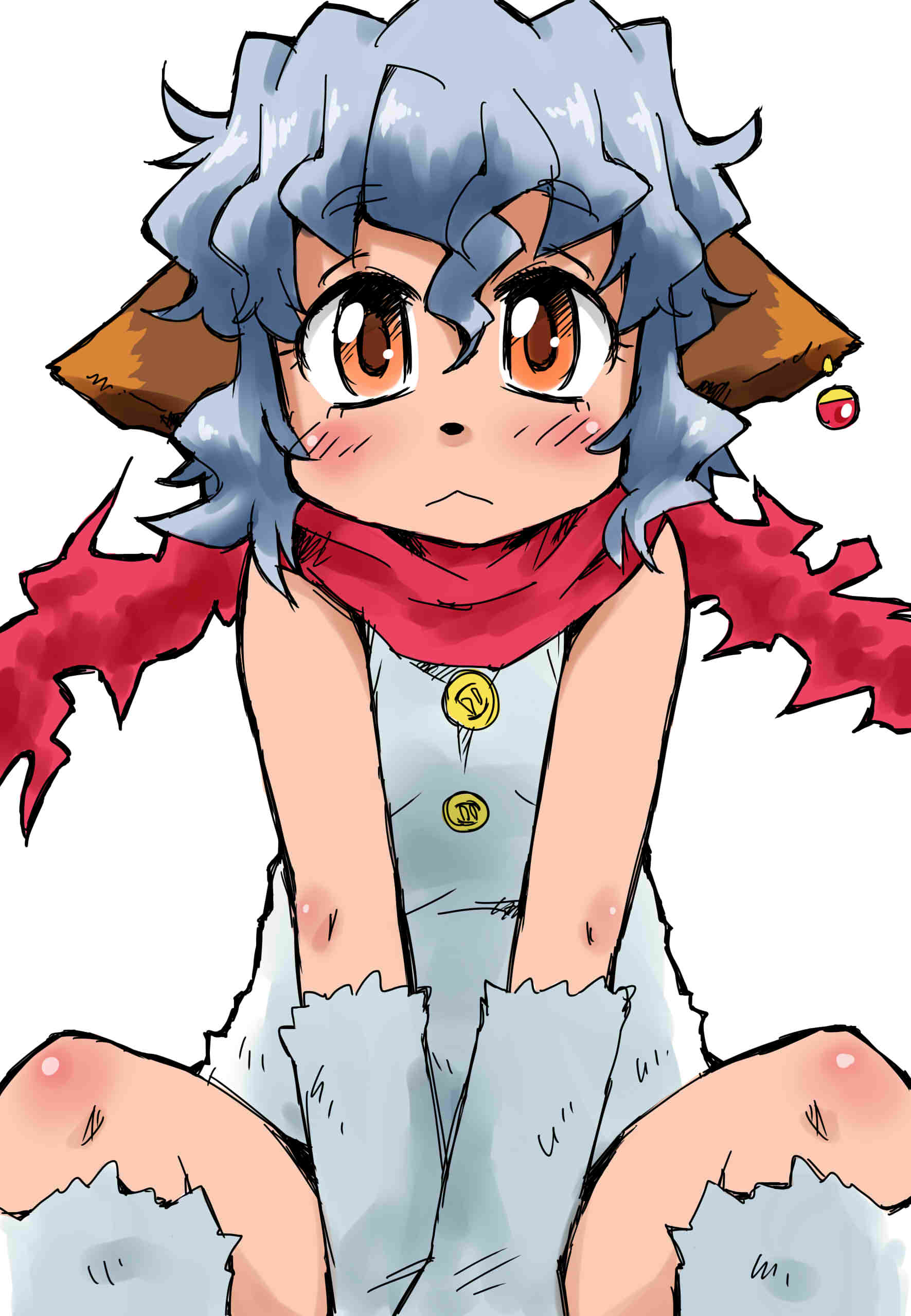 1girl absurdres animal_ears bad_id bad_pixiv_id blue_hair buttons earrings fluff furry highres jewelry konkon monster_girl namiuchigiwa_no_muromi-san scarf short_hair yeti_(muromi-san)