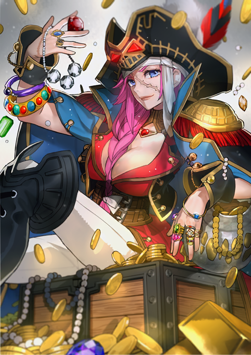 1girl belt belt_buckle between_breasts between_fingers black_boots black_coat black_hat black_vest black_wrist_cuffs blue_coat blue_eyes blue_gemstone boots bow bracelet braid breasts brown_belt buckle buttons cleavage closed_mouth coat coat_on_shoulders coin elbow_rest epaulettes fate/grand_order fate_(series) feet_out_of_frame francis_drake_(fate) francis_drake_(third_ascension)_(fate) gem gold_bar gold_choker green_gemstone hair_bow hand_up hat hat_feather headband holding holding_gem jacket jewelry knee_up lapels large_breasts lips long_hair looking_at_viewer multiple_bracelets multiple_rings no_shirt official_art open_clothes open_vest pants pearl_(gemstone) pink_hair purple_gemstone red_gemstone red_jacket ring scar scar_on_face sitting smile solo third-party_source treasure treasure_chest two-sided_coat two-sided_fabric underbust vest wada_arco white_bow white_gemstone white_headband white_pants wrist_cuffs