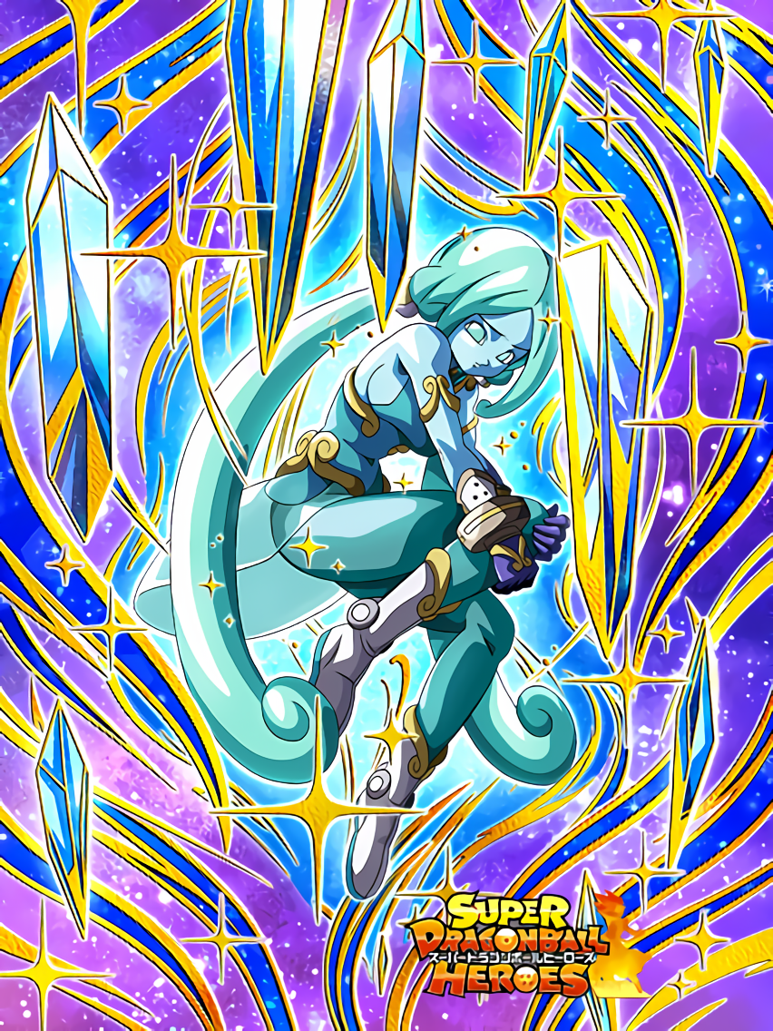 1girl aqua_eyes aqua_hair aqua_leggings artist_request blue_skin boots breasts colored_skin copyright_name crystal dragon_ball dragon_ball_heroes dragon_ball_z_dokkan_battle dress floating gloves gold_armlet hands_on_own_leg lagss large_breasts leg_up long_hair looking_at_viewer low_twintails no_pupils official_art parted_bangs purple_gloves see-through_clothes sideboob sleeveless sleeveless_dress solo sparkle twintails very_long_hair white_boots